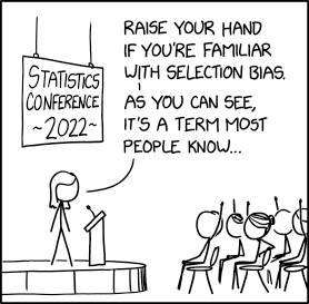 A comic depicting a lecturer showing that everybody already knows the term sampling bias; however, the lecture happens at a statistics conference.