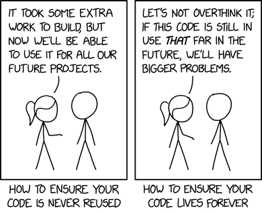 Comic depicting the paradox that carefully commented code is rarely reused, but haphazardly written code happen to be reused over and over again.