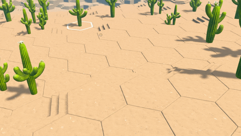 An animated image with saguaro cacti growing at different places and sizes in a simulated desert.