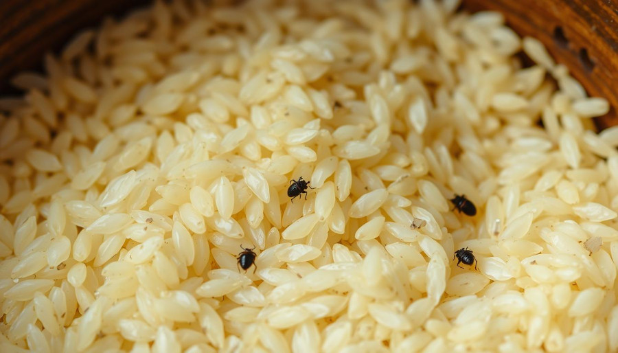 Close-up picture of rice grains covered with rice weevils.