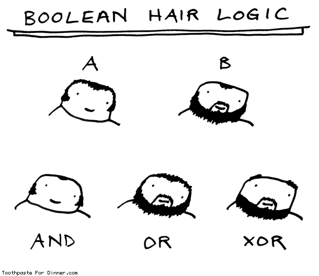 A comic depicting how different hairstyles can be understood as logic operations.