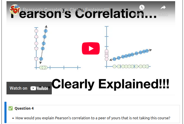 Screenshot of the pre-class assignment on correlations. The screenshot highlights a YouTube video explaining the Pearson Correlation Coefficient.